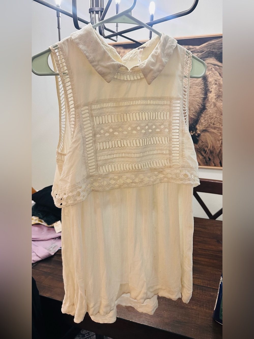 Free People Cream Lace-Front Sleeveless Blouse